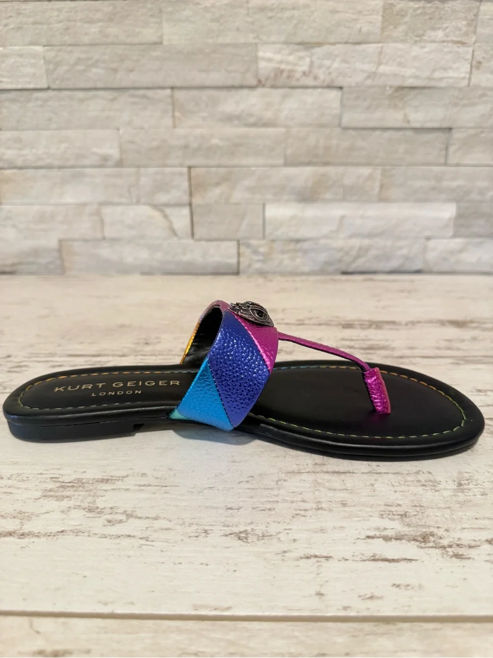 Kurt Geiger Kensington T-Bar Metallic Leather Slip On Sandals Sz 38.5 EU 8 NEW - Picture 9 of 15